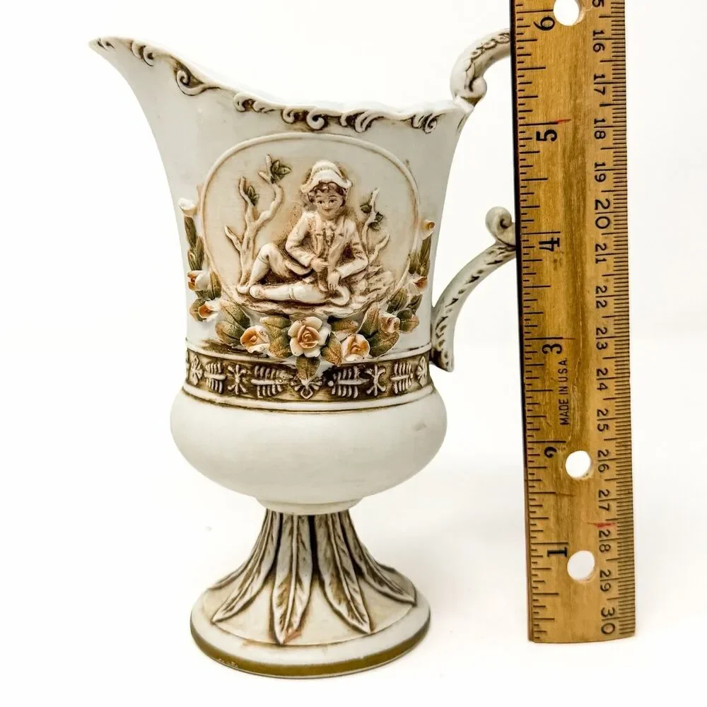 Vintage Lefton Porcelain Ewer Pitcher Applied Roses Figural Victorian Decor